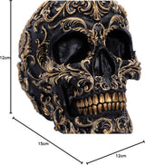 Renaissance-Schädel, 19 cm, Kunstharz, Schwarz und Gold, goldenes Barockmuster, schwarzes Totenkopf-Ornament, gotische Dekoration, gegossen aus feinstem Kunstharz, handbemalt von Experten. Statuetten und Skulpturen Naty Shop