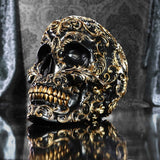 Renaissance-Schädel, 19 cm, Kunstharz, Schwarz und Gold, goldenes Barockmuster, schwarzes Totenkopf-Ornament, gotische Dekoration, gegossen aus feinstem Kunstharz, handbemalt von Experten. Statuetten und Skulpturen Naty Shop