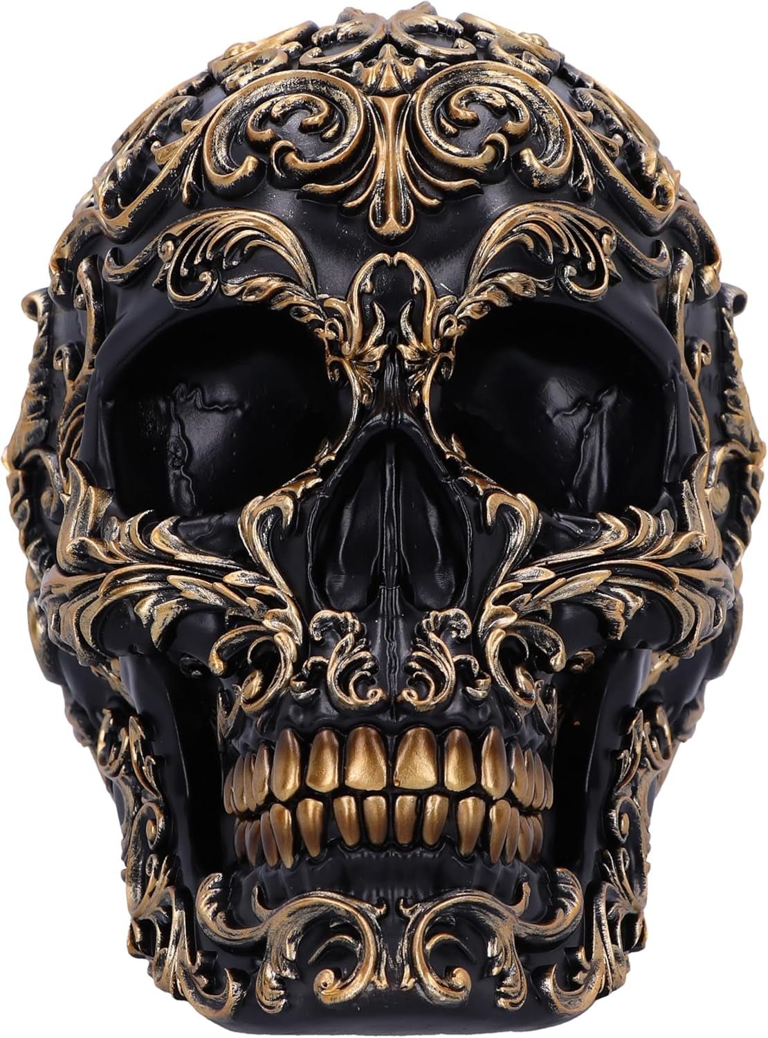 Renaissance-Schädel, 19 cm, Kunstharz, Schwarz und Gold, goldenes Barockmuster, schwarzes Totenkopf-Ornament, gotische Dekoration, gegossen aus feinstem Kunstharz, handbemalt von Experten. Statuetten und Skulpturen Naty Shop