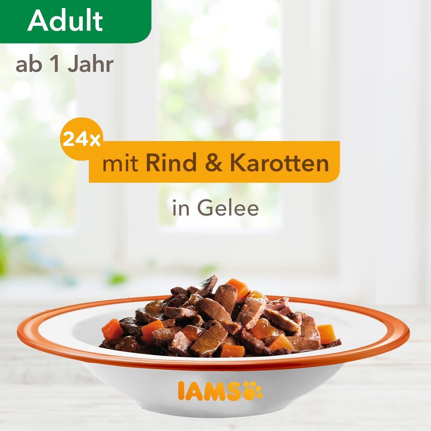 IAMS Delights Nassfutter für Katzen mit saftigem Rindfleisch und gelierten Karotten – Komplettes Nassfutter für ausgewachsene Katzen, 24 Beutel x 85 g
