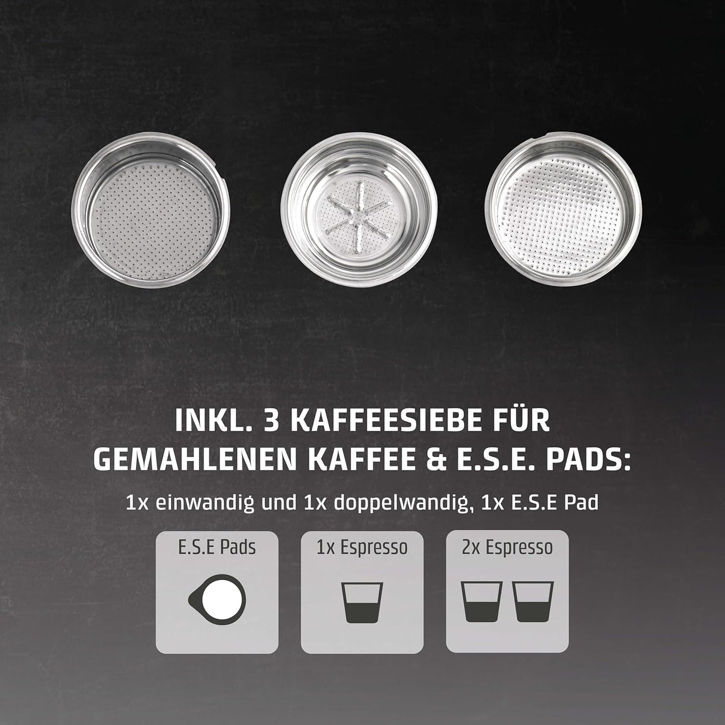 Caso Espresso Gourmet – Siebträger-Espressomaschine aus Edelstahl, leistungsstarke 19-bar-Ulka-Pumpe, mit Milchaufschäumer, für gemahlenen Kaffee oder ESE-Kaffeekapseln, für 2 Tassen, mit Tassenwärmer