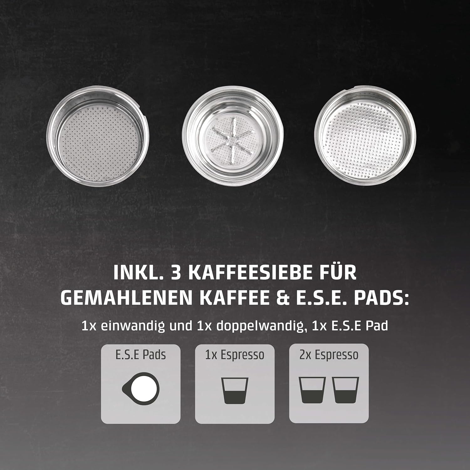 Caso Espresso Gourmet – Siebträger-Espressomaschine aus Edelstahl, leistungsstarke 19-bar-Ulka-Pumpe, mit Milchaufschäumer, für gemahlenen Kaffee oder ESE-Kaffeekapseln, für 2 Tassen, mit Tassenwärmer