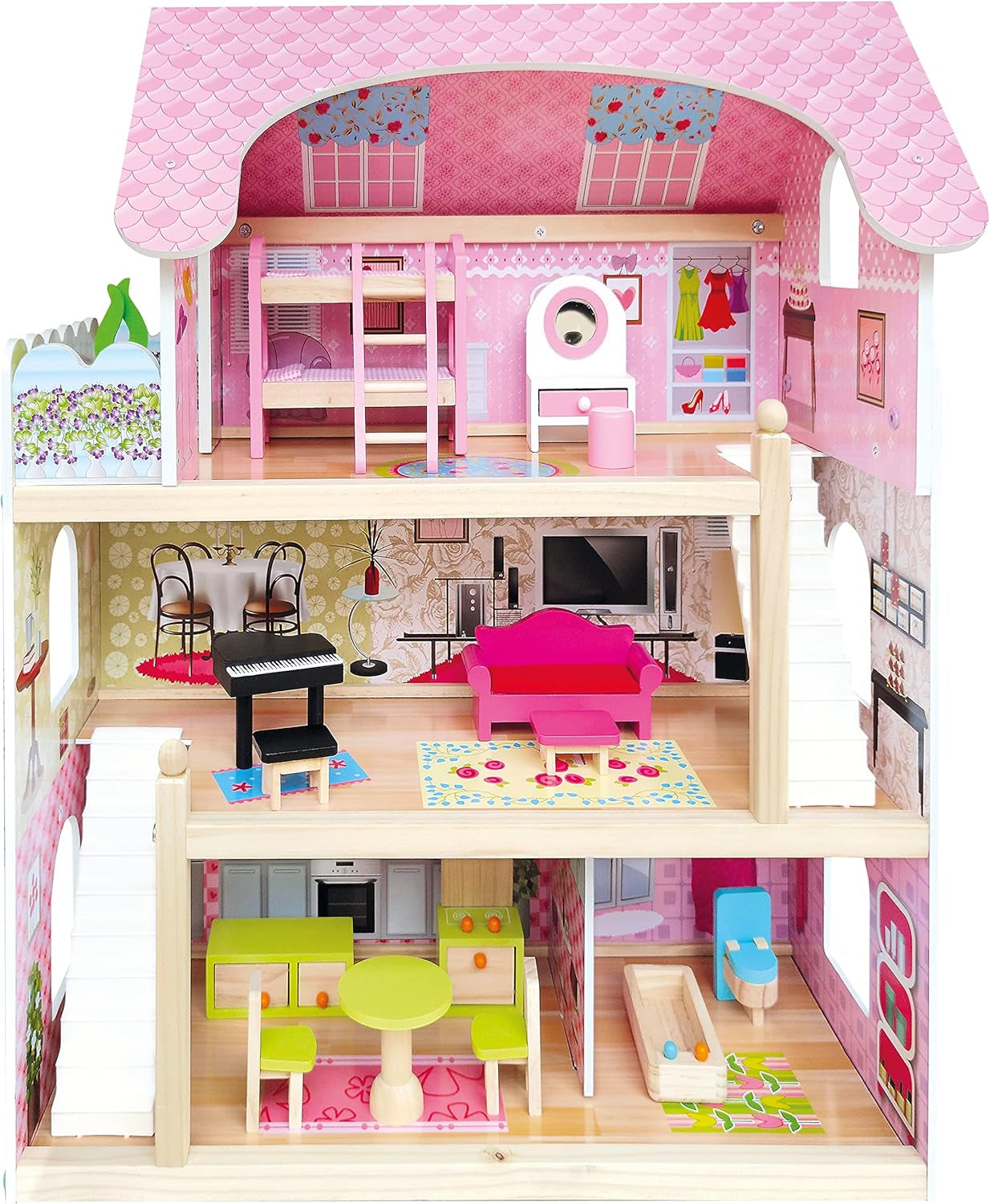 Bino World of Toys Puppenhaus mit Balkon, Spielzeug für Kleinkinder ab 3 Jahren, mit 3 Etagen, Treppen, 4 Zimmern und Balkon inkl. 15-TLG. Zubehör, Zur Förderung der Fähigkeiten von Kindern, Rosa Design Puppenhäuser Naty Shop Standardtitel