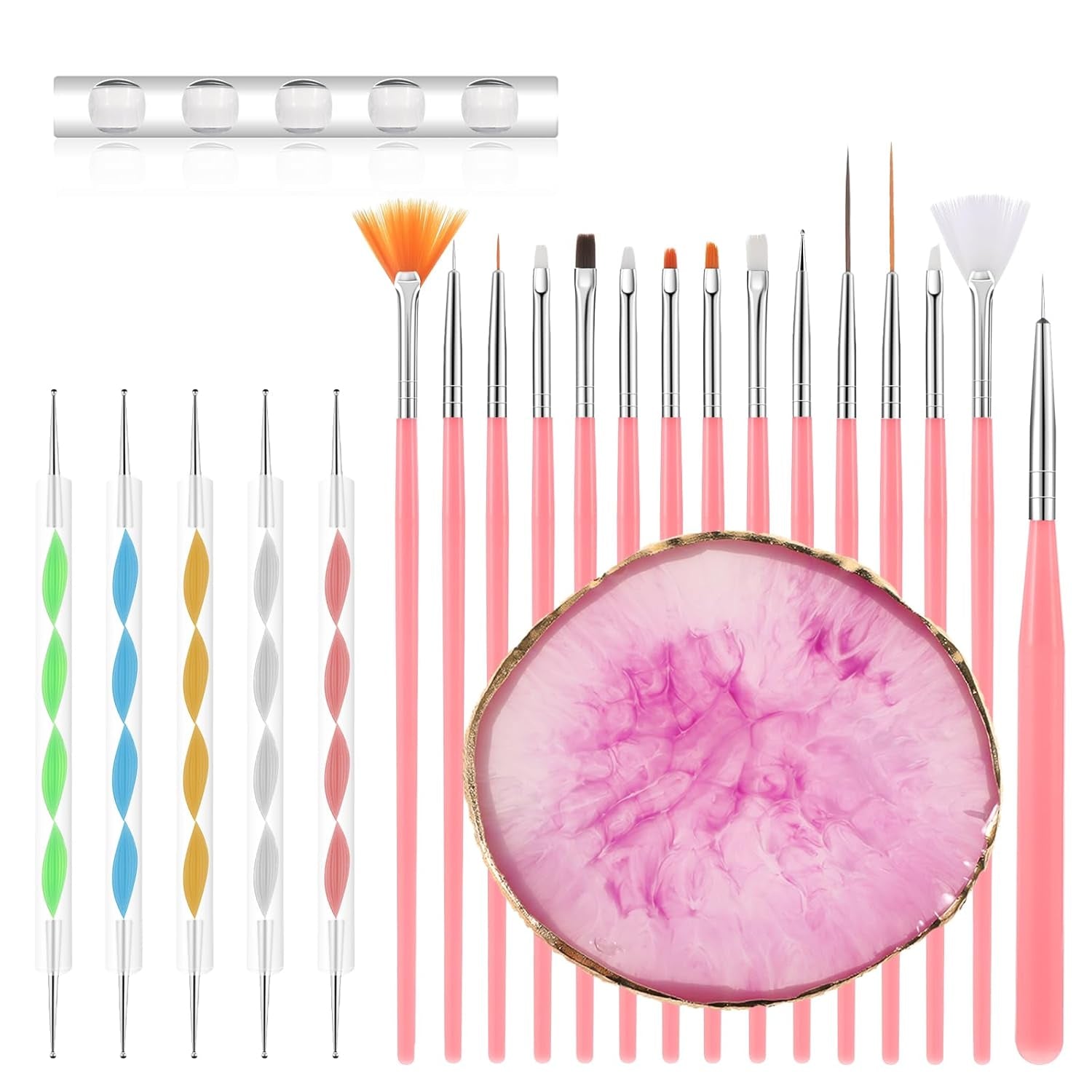 22-teiliges Nagelkunstpinsel-Set, Nagelkunst-Werkzeugset Kunstharzpalette Nagelkunstmalerei Gemischte Farben Acryl-Silikon-Schnitzstift, Punktierstift-Werkzeug, Maniküre-Set