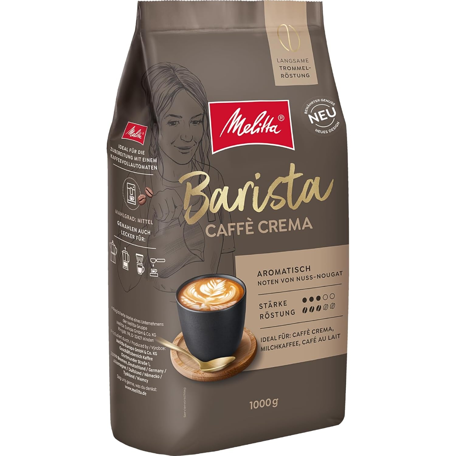 Melitta Barista Classic Crema, Whole Coffee Beans 1kg, Ungemahlen, Kaffeebohnen für Kaffee-Vollautomat, mittlere Röstung, Stärke 3, Verpackung kann variieren
