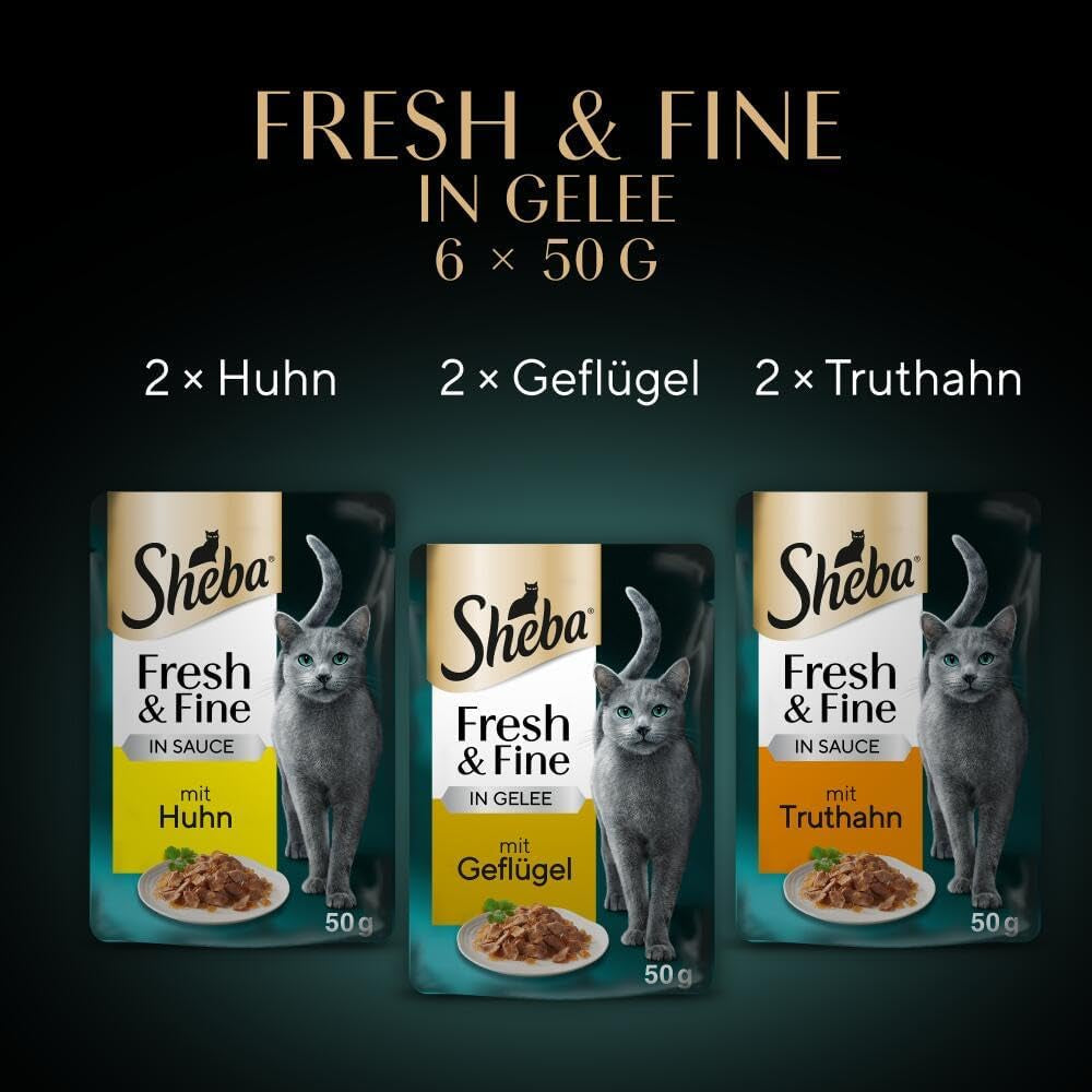 Sheba Portionsbeutel Nassfutter für Katzen, frisches und feines Truthahn- und Hühnergelee, Multipack, 6 x 6 x 50 g – hochwertiges Katzenfutter mit Truthahn und Hühnergelee