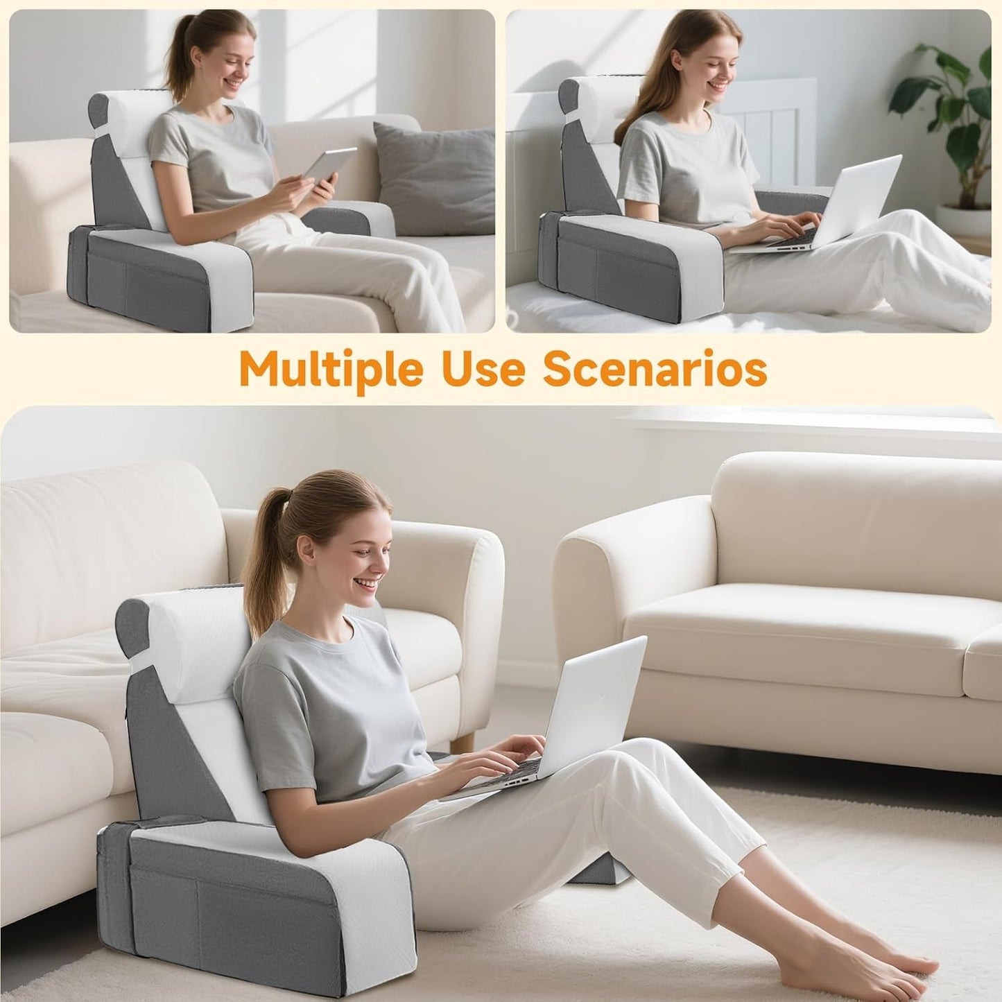 Großes Lesekissen mit abnehmbarer Nackenstütze und Armlehnen, Rückenkissen fürs Bett, ergonomisches Rückenkissen mit Armlehne, Tasche und waschbarem Bezug zum Lesen und Fernsehen.