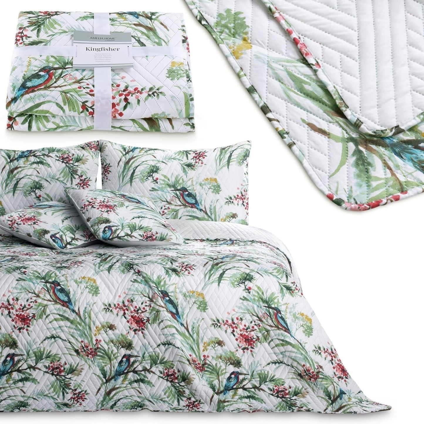 Ameliahome Tagesdecke Tagesdecke 260 x 280 cm, doppelseitig, pflegeleicht, Steppung, Pflanzenmuster, Vogelmuster, mehrfarbig, Eisvogel, Betten und Decken. Besuchen Sie den AmeliaHome-Store