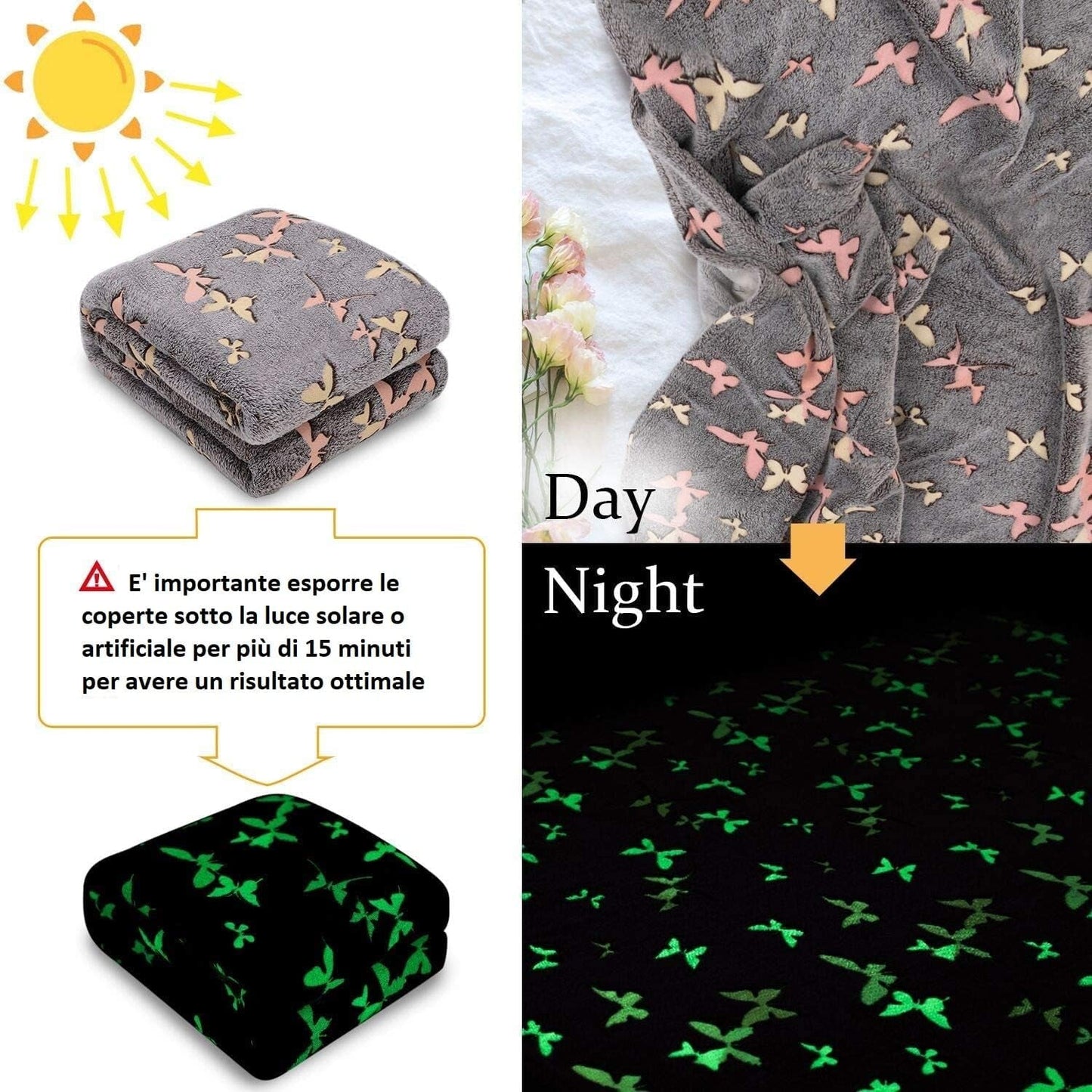 Kanguru Glow Tagesdecke, im Dunkeln leuchtende Decke, Schmetterlingsdecke, weiche Decke, 130 x 150 cm, leuchtende Sofa-Tagesdecke. Im Dunkeln leuchtende Kinderdecke, grau. Betten und Decken. Besuchen Sie den Kanguru-Store