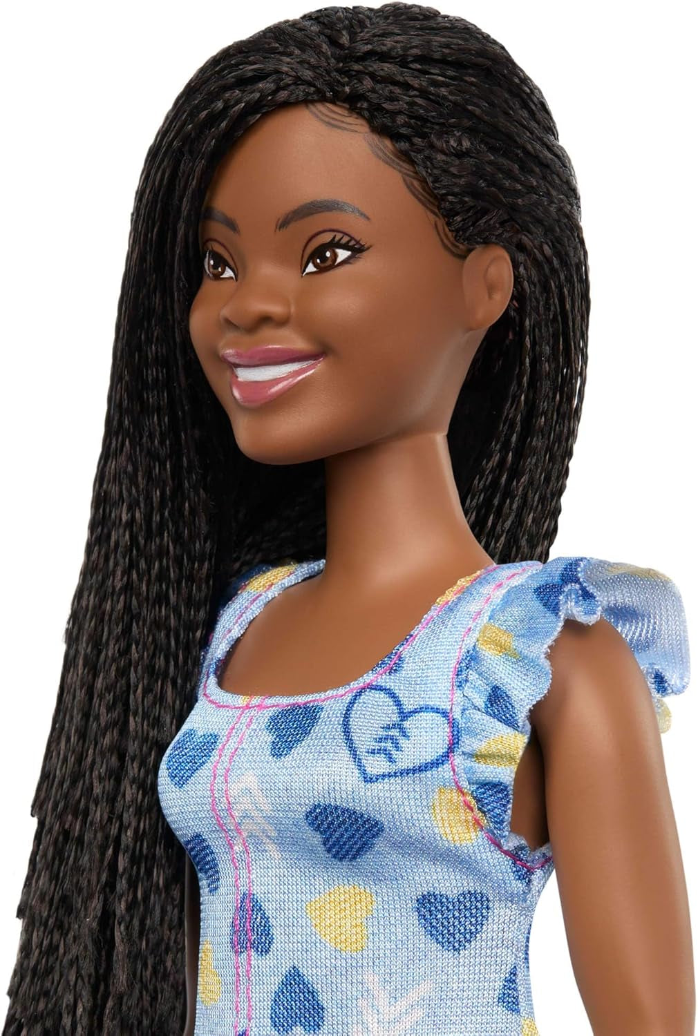 Barbie Fashionistas Puppe Nr. 229 mit Down-Syndrom in einem Kleid mit Herzmuster, das in Zusammenarbeit mit der National Down Syndrome Society, HYK14, entwickelt wurde