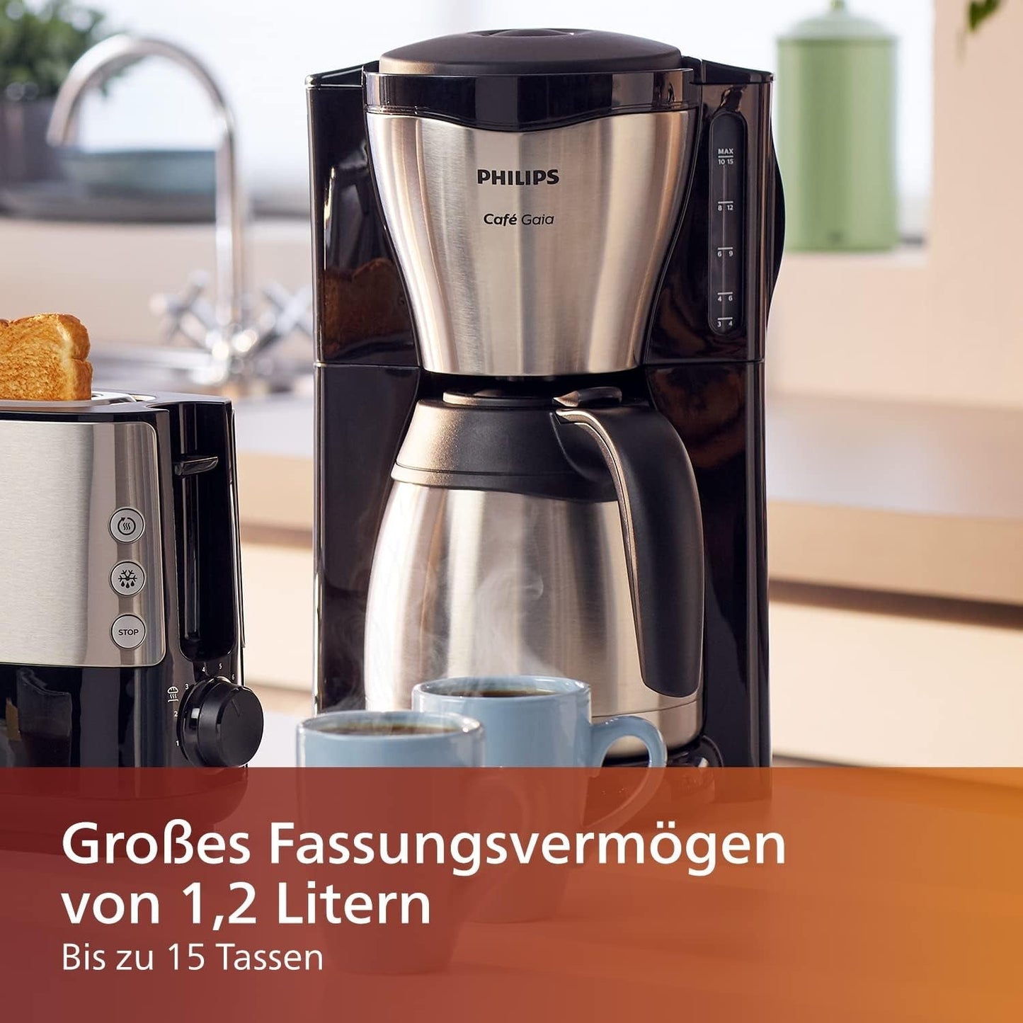 PHILIPS Café Gaia Filter-Espressomaschine – Edelstahl-Thermoskaraffe, Anti-Tropf-System, intensives Aroma, automatische Abschaltung, 1300 ml, Schwarz (HD7546/20)
