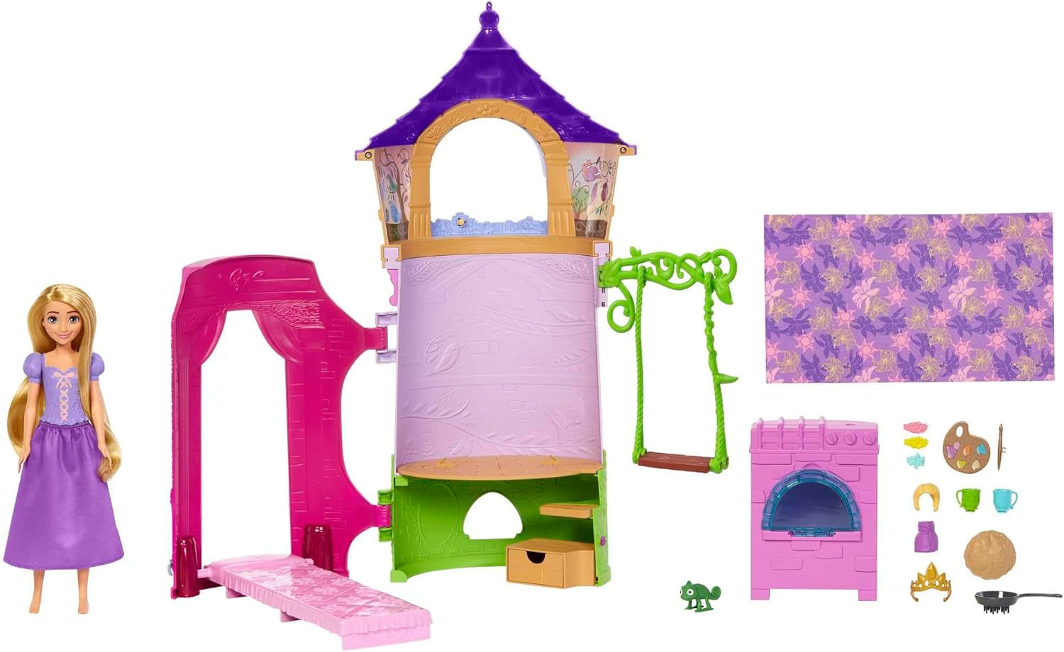 Disney Princess HMV99 – Bewegliche Rapunzel-Puppe und Spielturm mit rundum Spaß, 6 Spielbereichen und 15 Zubehörteilen, inspiriert vom Disney-Film, Spielzeug für 3-jährige Puppen Naty Shop Dolls Rapunzels Turm