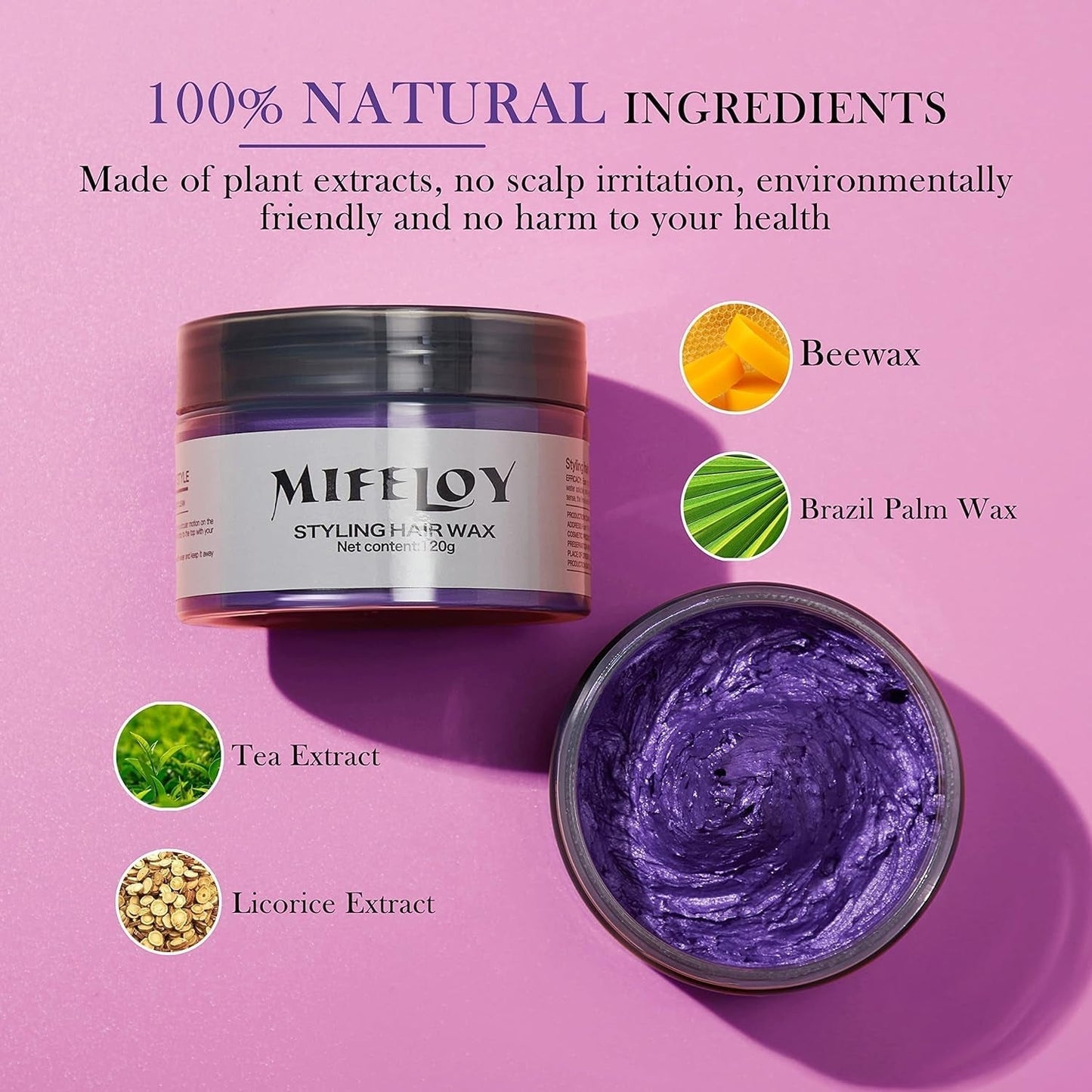 4,23 Unzen Lila Haartönung Temporäre Haarfarbe mit Pinseln, Männer Frauen Styling Haartönung Wachs, Sofortige Haarcreme Schlamm Natürliche Frisur Pomade, DIY Cosplay Halloween Haarwachs Haarfärbemittel Naty Shop