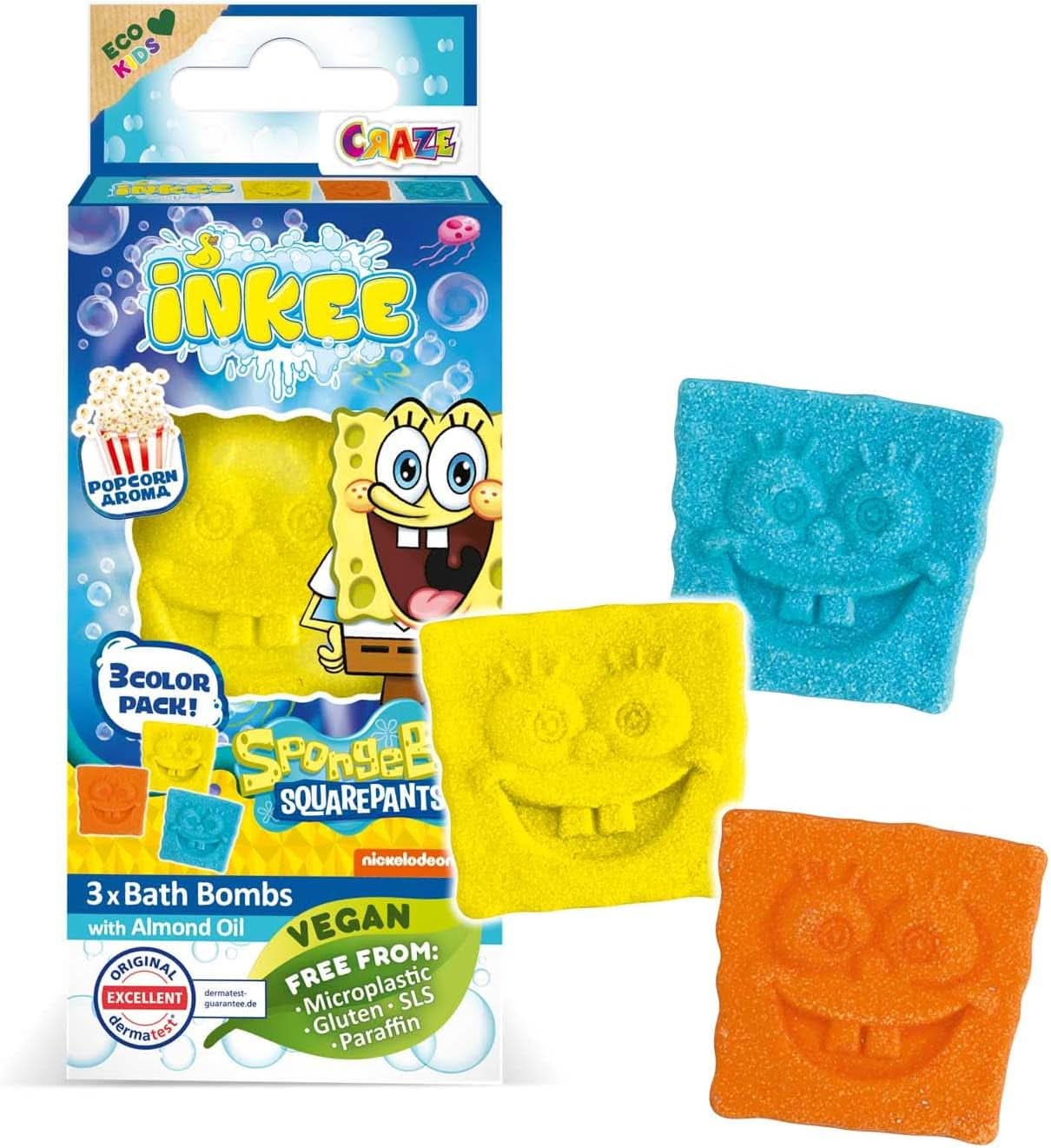 INKEE Spongebob Surprise Kinder-Badebombe Spongebob Schwammkopf Sammlerstück 80 Gramm Naty Shop Set mit 3 Spongebob-Badebomben