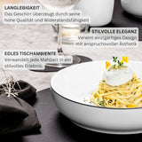 SANGER | Marlo Geschirrset mit schwarzem und weißem Rand, 18-teiliges Porzellangeschirrset für 6 Personen, Weiß mit schwarzen Akzenten, Speiseteller, Dessertteller und Schüsseln, modernes Design | DIE PREMIUM-KOLLEKTION