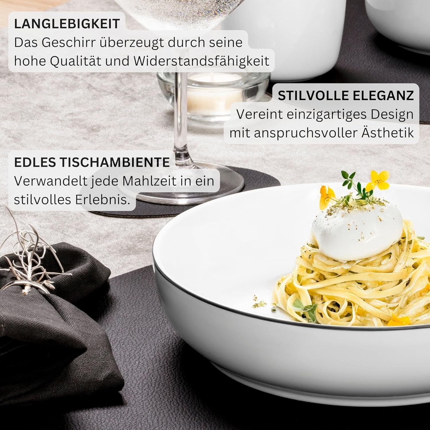 SANGER | Marlo Geschirrset mit schwarzem und weißem Rand, 18-teiliges Porzellangeschirrset für 6 Personen, Weiß mit schwarzen Akzenten, Speiseteller, Dessertteller und Schüsseln, modernes Design | DIE PREMIUM-KOLLEKTION