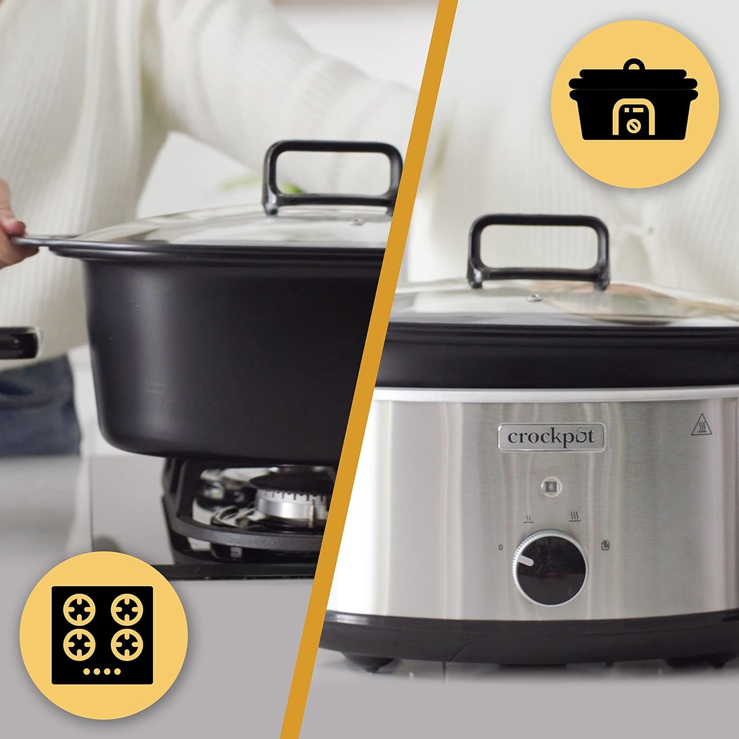 Slow Cooker Crockpot,| 3,5 Liter (3-4 Personen), Behälter zum Bräunen von Fleisch und Gemüse, Slow Cooker aus Edelstahl von Naty Shop