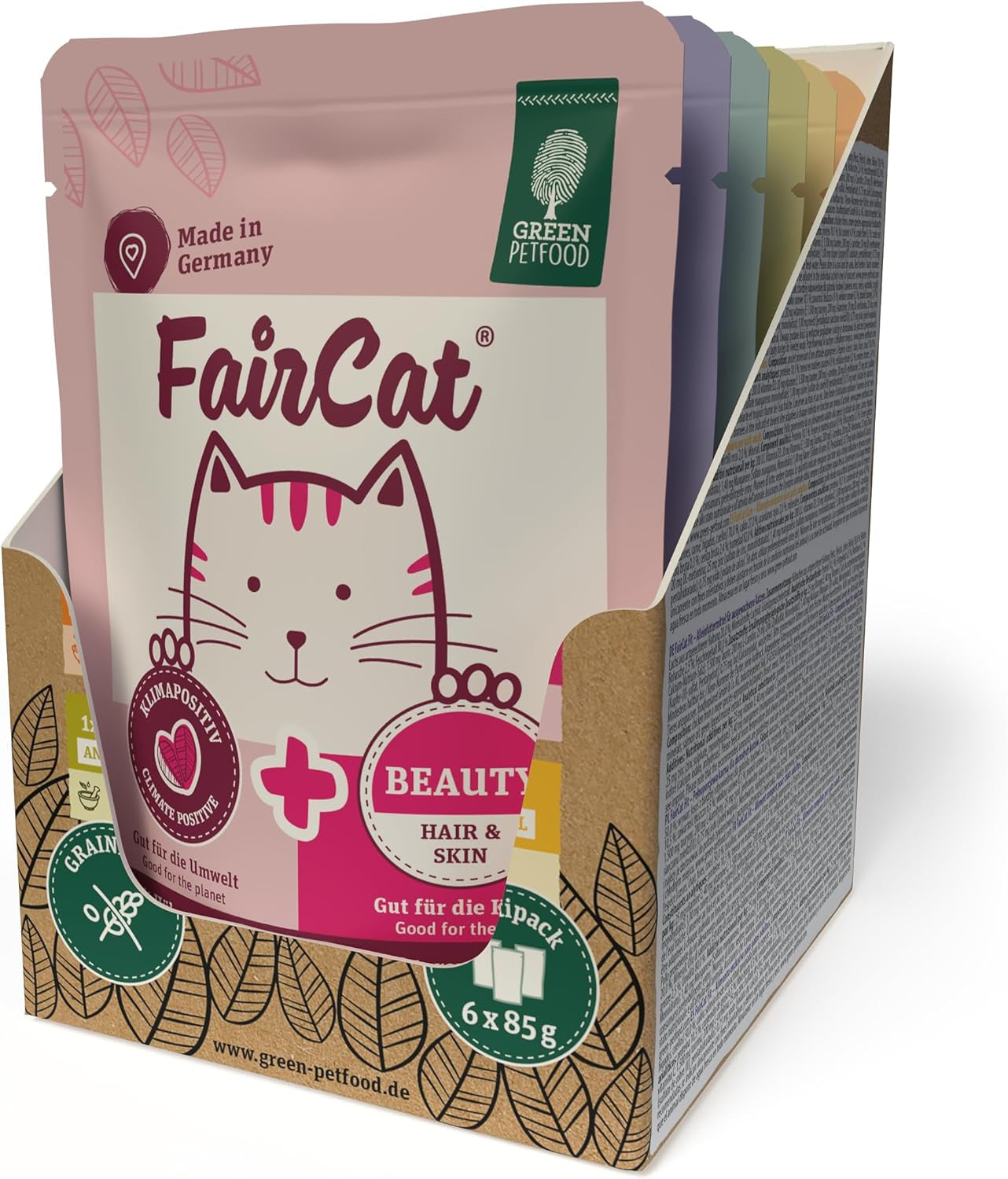 Green Petfood FairCat Multipack (6 x 85 g) | Erwachsener | Premium-Nassfutter für ausgewachsene Katzen 6 verschiedene leckere Sorten im Multipack | getreidefrei | Katzenfutter nass | 6er-Pack