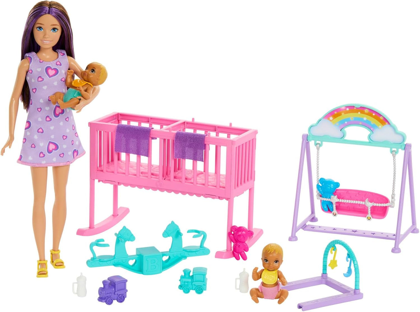 Barbie Skipper-Puppe und Kindergarten mit Zubehör, enthält Zwillingspuppen, 1 Kinderbett, 1 Kinderbett, 1 Wippe und mehr, HXM99 Naty Shop Dolls Standardtitel