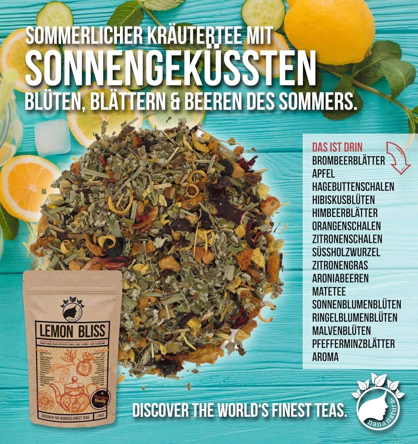 Nananaturas Original LEMON BLISS TEE 85G | Fruchtiger und erfrischender Sommer-Kräutertee | Als kalter Tee, Eistee oder klassisch heiß | Mit Blüten, Blättern und sonnengereiften Beeren | Kein Zucker