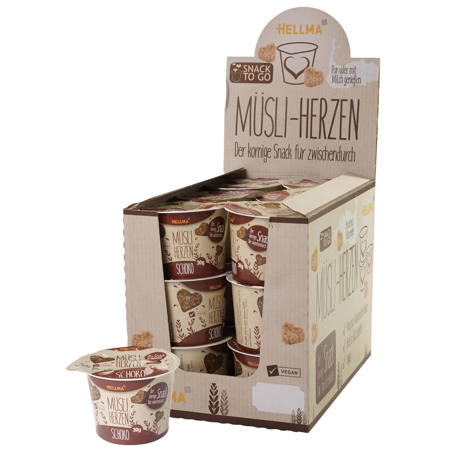 HELLMA Herzen mit Müsli und Schokolade – 18 Portionen à 30 g – Mit Schokolade überzogene Haferflocken in Herzform, Take-Away-Becher
