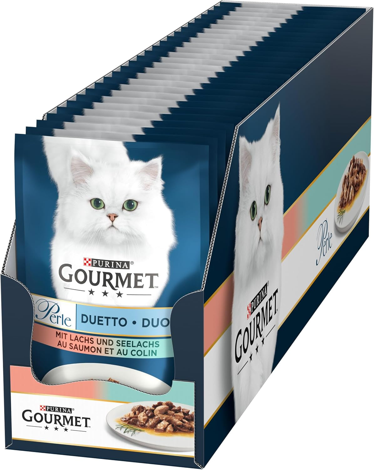 Gourmet Perle Duetto Nassfutter für Katzen mit Lachs und gelbem Kabeljau, 26er-Pack (26 x 85 g)