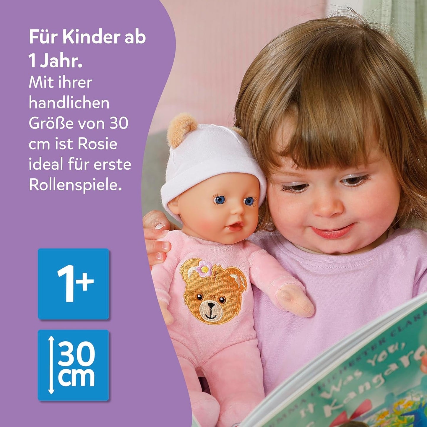 Baby Born Rosie Kuschelpuppe 30 cm mit 6 Geräuschen und Flasche, rosa