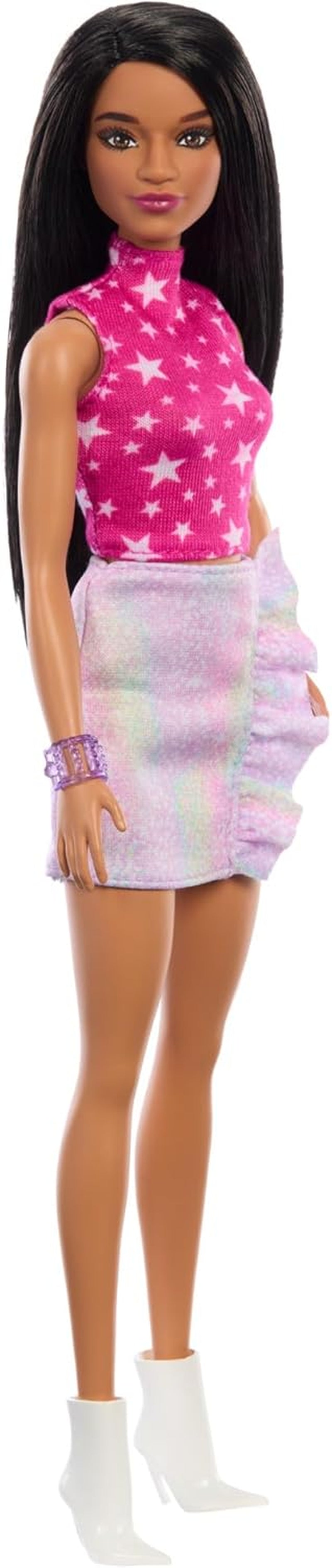 Barbie Fashionistas Puppe Nr. 215 mit glattem schwarzem Haar, rosa Oberteil mit Sternenmuster und schillerndem Rock, Sammlermodepuppe zum 65. Geburtstag, HRH13 Naty Shop Dolls Standardtitel