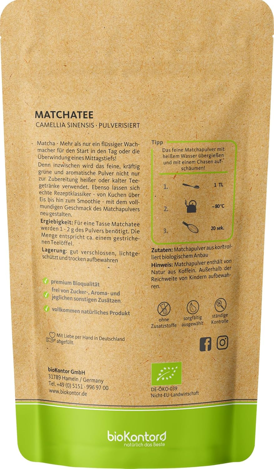 BIO Matcha-Pulver 100 g I Ohne Zusatzstoffe – 100 % natürlich I Hochwertiger japanischer Matcha-Tee I Grüntee-Pulver von