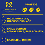 Espressobohnen Martermühle Cioccolato 500g Stark | Arabica/Robusta | Geschmacksrichtungen: Macadamianüsse, Milchschokolade | Hell geröstete ganze Espressobohnen, geringer Säuregehalt