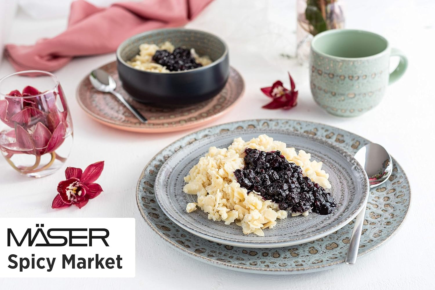 MÄSER 931744 Spicy Market Serie, handbemaltes Geschirrset für 4 Personen im mediterranen Vintage-Design, 16-teiliges Keramik-Kombinationsset, grün, Steinzeug
