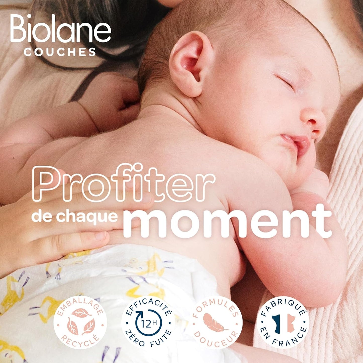 BIOLANE – Kurze Windeln – Größe 5 (12–18 kg) – 12 Stunden Dichtigkeit – 1 Monatspackung – 120 Windeln – ökologisch