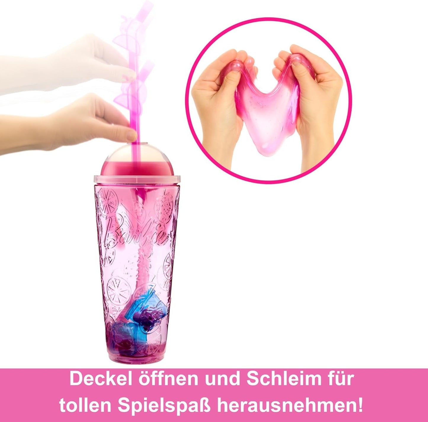 Barbie Pop Reveal Fruit – Überraschungspuppen mit 8 fruchtigen Überraschungen, darunter eine positionierbare, nach Erdbeerlimonade duftende Puppe und ein flauschiger Welpe, ab 3 Jahren, HNW41