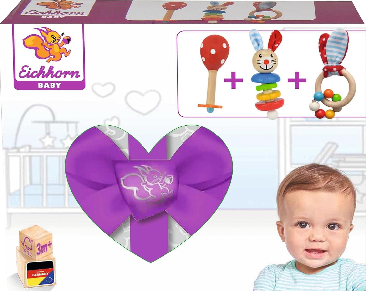 Eichhorn 100017045 - Baby-Starter-/Geschenkset mit Maraca, Spielzeug mit Sound und Spielzeug mit Hasenmuster, 3-teilig, ab 3 Monaten Toys Bebe Naty Shop