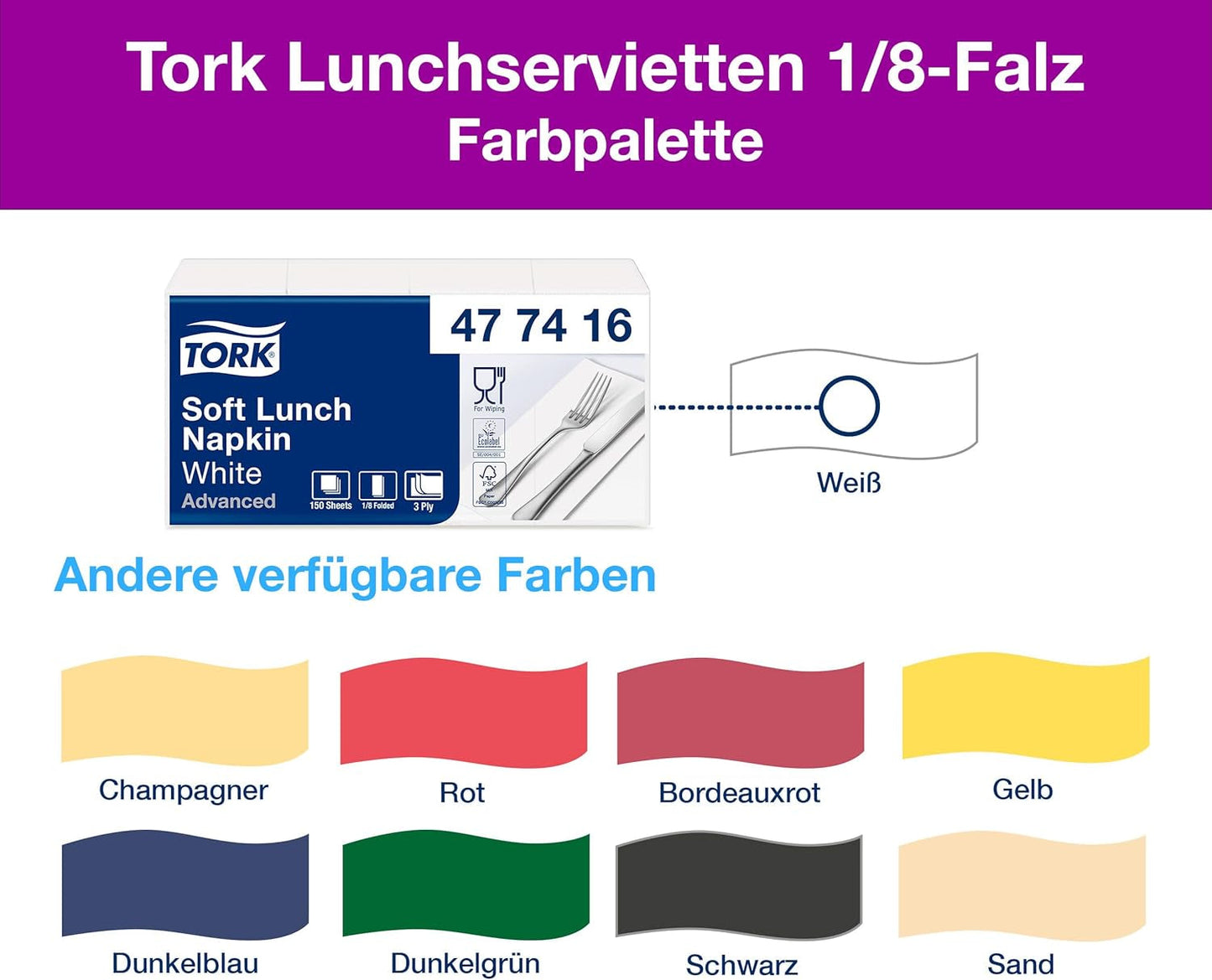 Tork Soft Lunch Serviette Weiß, 1/8 Falz, 3-lagig, 33 cm × 33 cm, 150 Servietten, 477416
