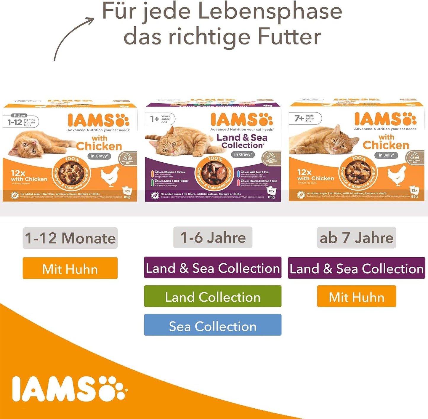 IAMS Delights Land & Sea Collection Nassfutter für Katzen – Fleisch- und Fischsortiment, Multipack in Soße, Nassfutter für Katzen ab 1 Jahr, 72 x 85 g