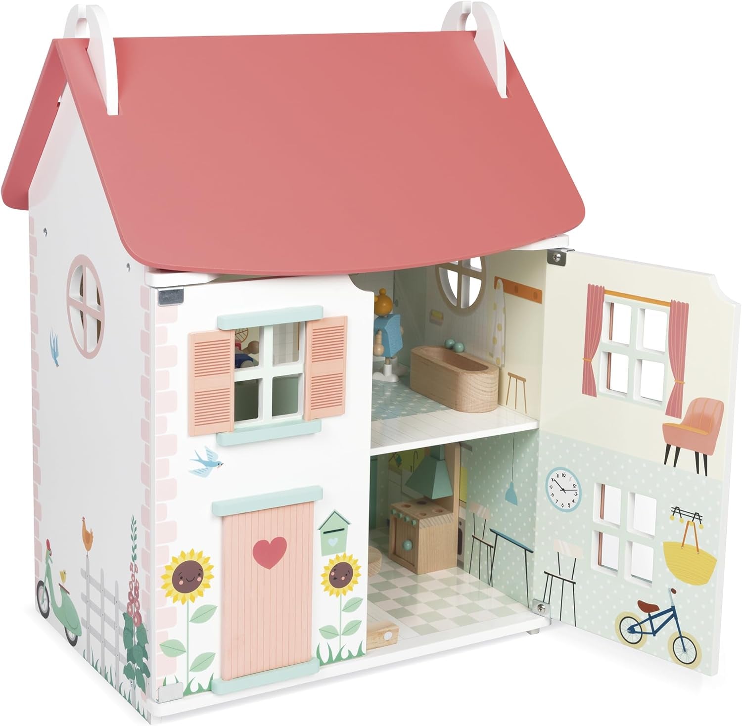 Janod – Mein erstes Puppenhaus aus Holz – 10 Zubehörteile – Puppenmöbel – magnetische Türen und abnehmbares Dach – FSC-zertifiziertes Holzspielzeug – ab 3 Jahren