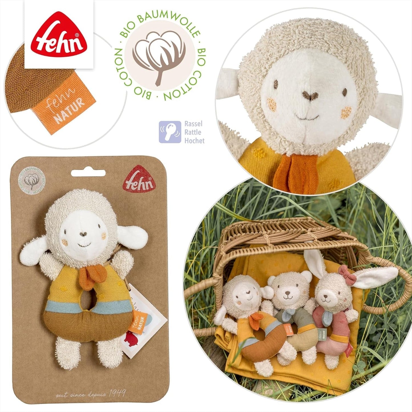 Fehn Baby Greifling Schaf Spielzeug fehnNATUR – Plüschtier mit Bio-Baumwolle – Babyspielzeug mit Glöckchen und spielerischem Lernspielzeug – Greifling für Babys und Kleinkinder ab 0+ Monaten Babyspielzeug Naty Shop