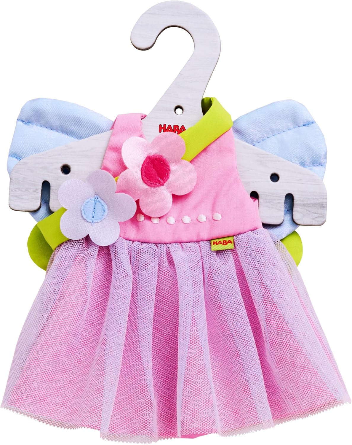 HABA Fairy Magic Puppenkleidung – 2-teiliges Set für Puppen ab 18 Monaten (30 cm) – Tüllkleid mit Flügeln, Blumen-Haarband im Lieferumfang enthalten – 1306243001