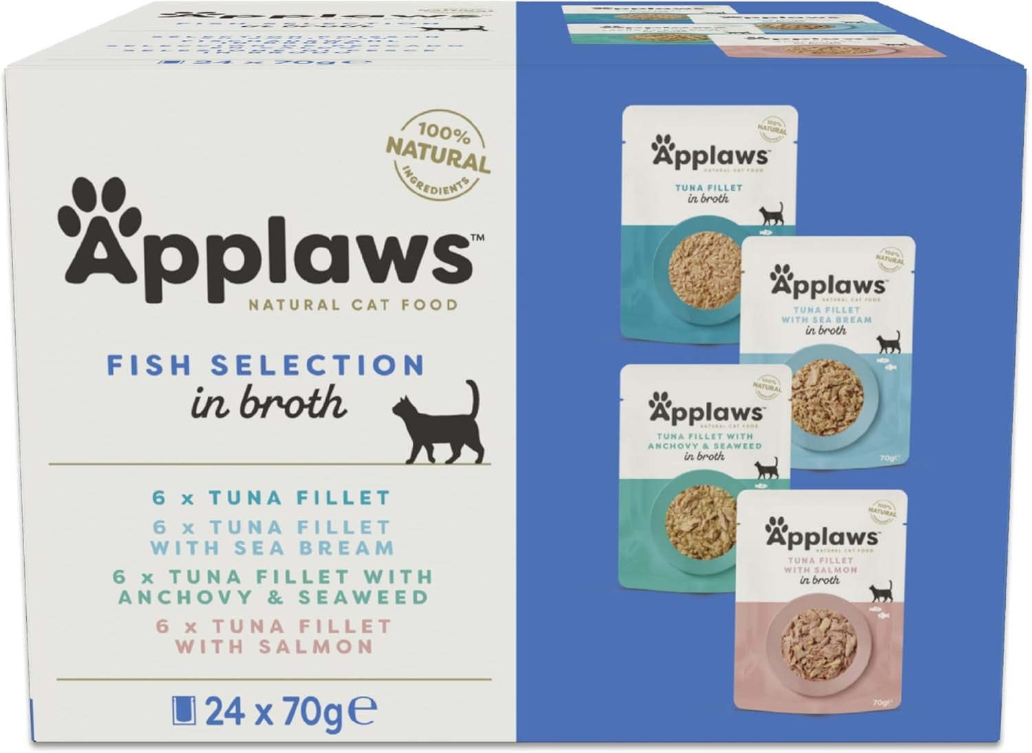 Applaws 100 % natürliches Nassfutter für Katzen, Fischauswahlbeutel in Brühe – Packung mit 24 Beuteln x 70 g