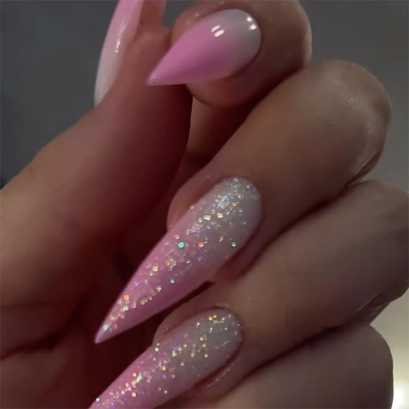 Moonglow Lange Nägel Stiletto Milchweiß Rosa Farbverlauf Glitzer Coole künstliche Nägel mit Kleber Rosa Ombre Glitzer Künstliche Nägel