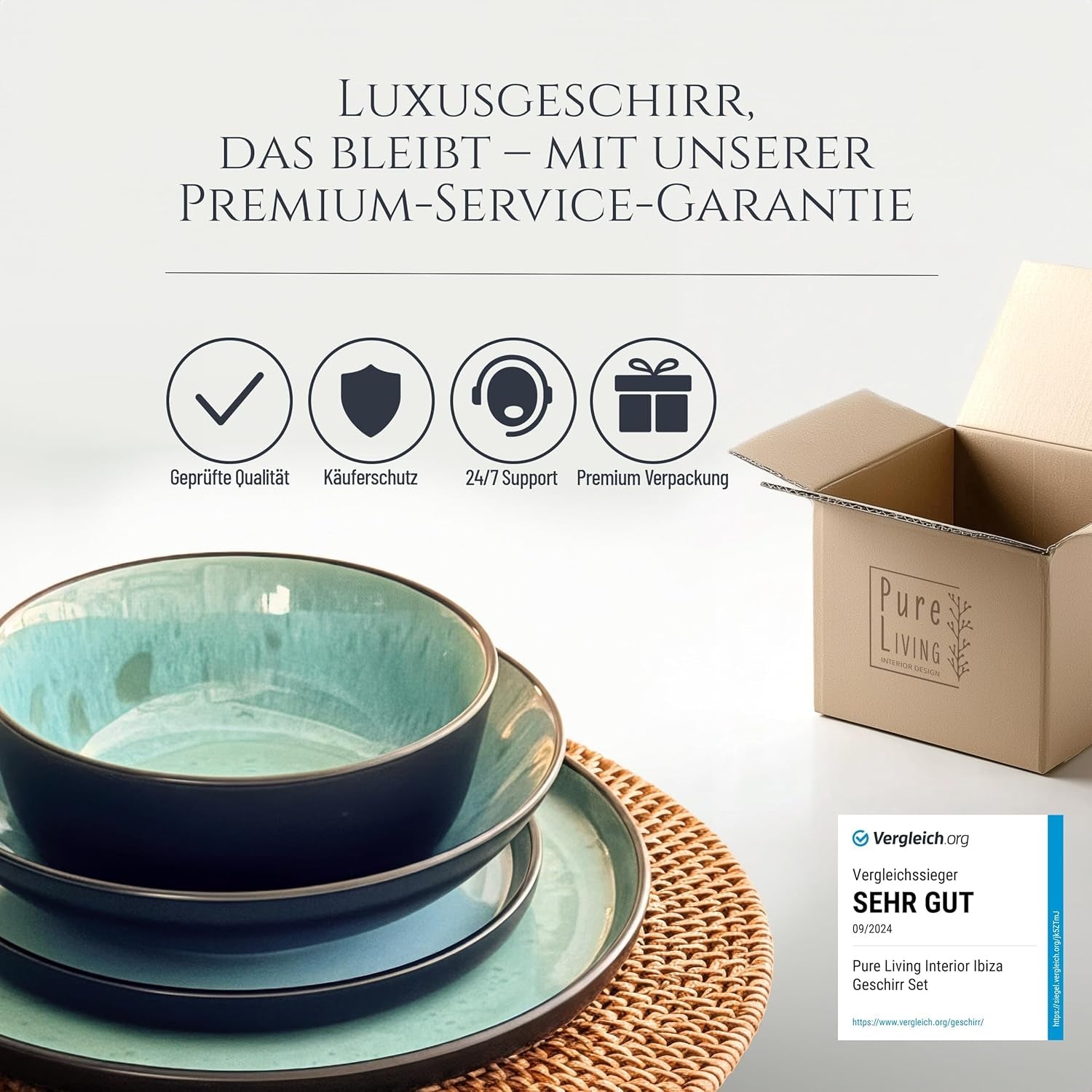 24-teiliges Keramik-Steinzeug-Geschirrset für 6 Personen, Ibiza-Design, TESTSIEGER. Ein wunderschönes mediterranes Geschirrset mit Schüsseln und Tellern. Pure Living Geschirrset, Salbeigrün.
