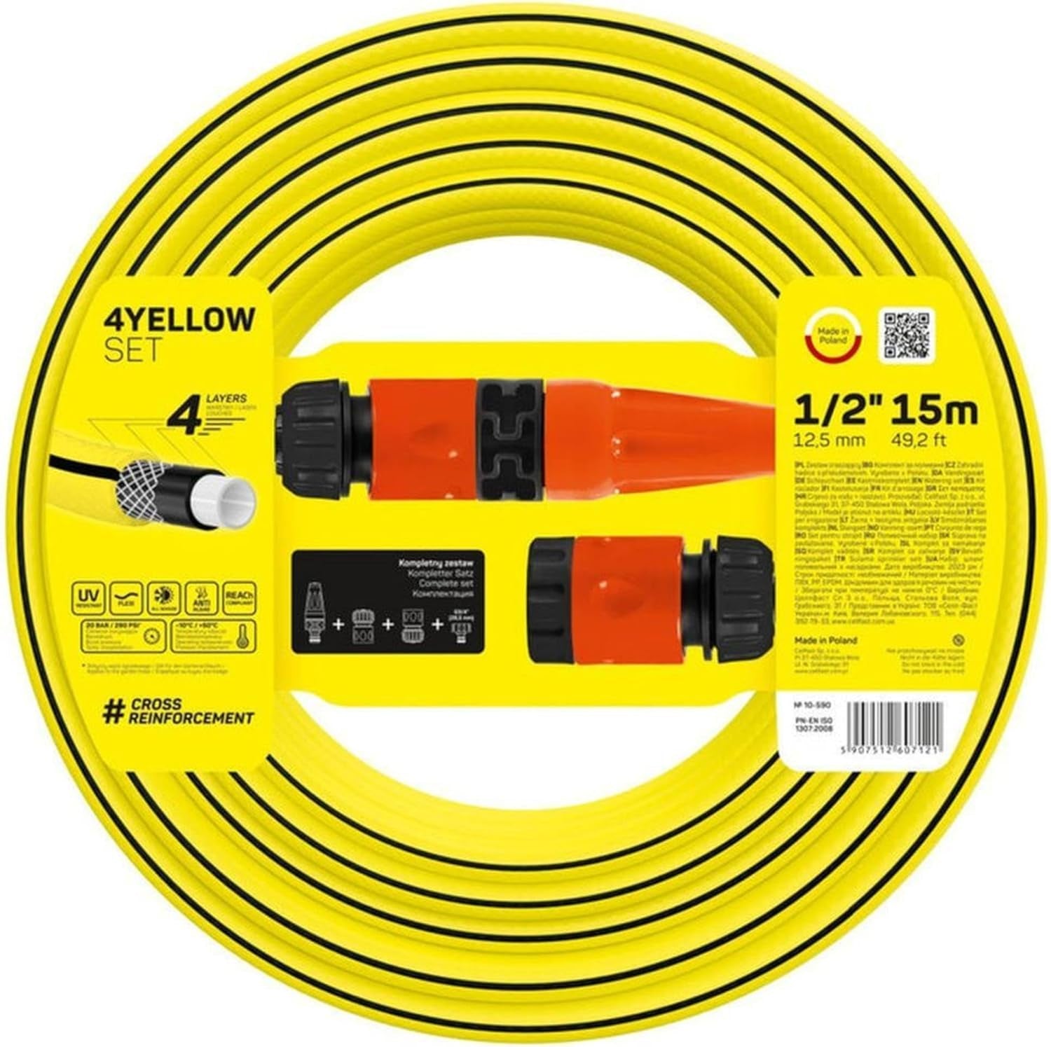Gartenschlauch Cellfast GELB, leicht, langlebig, 4-lagig, mit Sprinkler, UV- und algenbeständig, verdrehsicher, REACH-Technologie, 20 bar, -10/+50°C, 1/2"-Verschluss, 15m