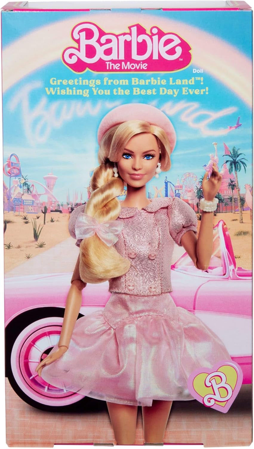 Barbie Der Film basierend auf dem Film Margot Robbie als Barbie-Sammelfigur in rosa Bluse und Tüllrock mit stilisierter Frisur und passendem Schmuck JBJ53