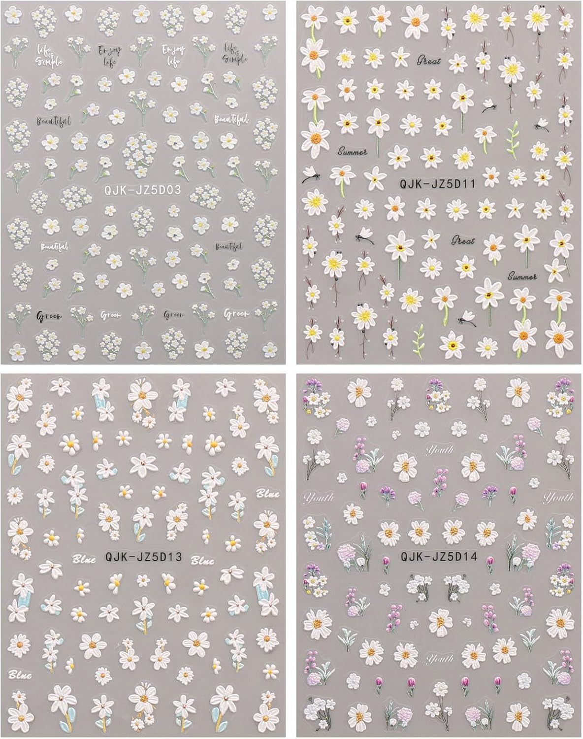 JMEOWIO 3D Nagelsticker Blumen Nail Art Sticker Selbstklebend Nagelaufkleber 5D Stereoskopisch Sommer Frühling Dekoration Nageldesign Zubehör 4 Blatt