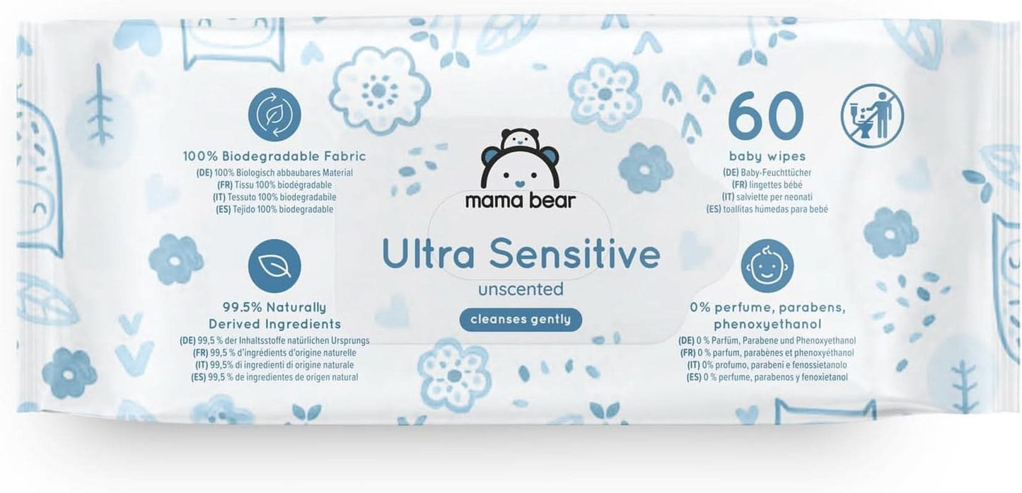 Mama Bear Ultra Sensitive Babyfeuchttücher, parfümfrei, 1008 Stück (18 Packungen à 60 Stück), Naty Shop