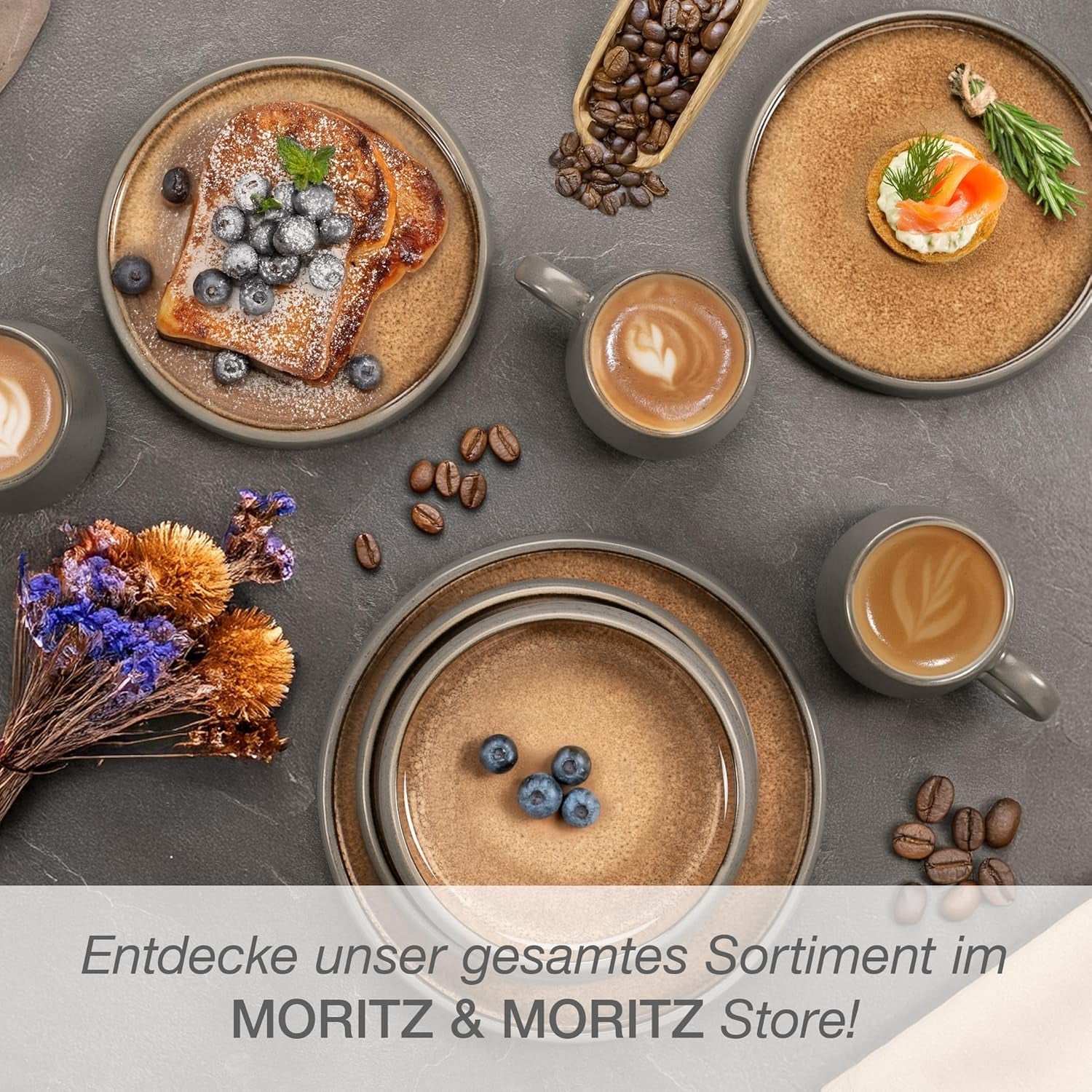 Moritz & Moritz SOLID 24-teiliges Steinzeug-Geschirrset für 6 Personen – Geschirrset für 6 Personen, bestehend aus 6 Speisetellern, 6 kleinen Tellern, 6 Speisetellern und 6 Tassen mit Henkeln