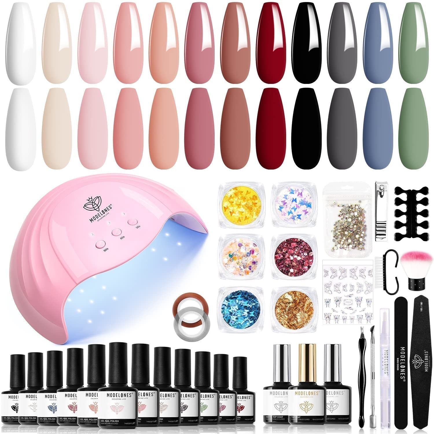 Modelones 35-teiliges Gel-Nagellack-Set, UV-Nagellack-Set mit 48-W-Lampe, Nude-Braun-Weiß-Rosa-Gel-Nagellack-Set, UV-Gel-Nagellack-Set mit Top Coat Base, Nagelstudio-Set