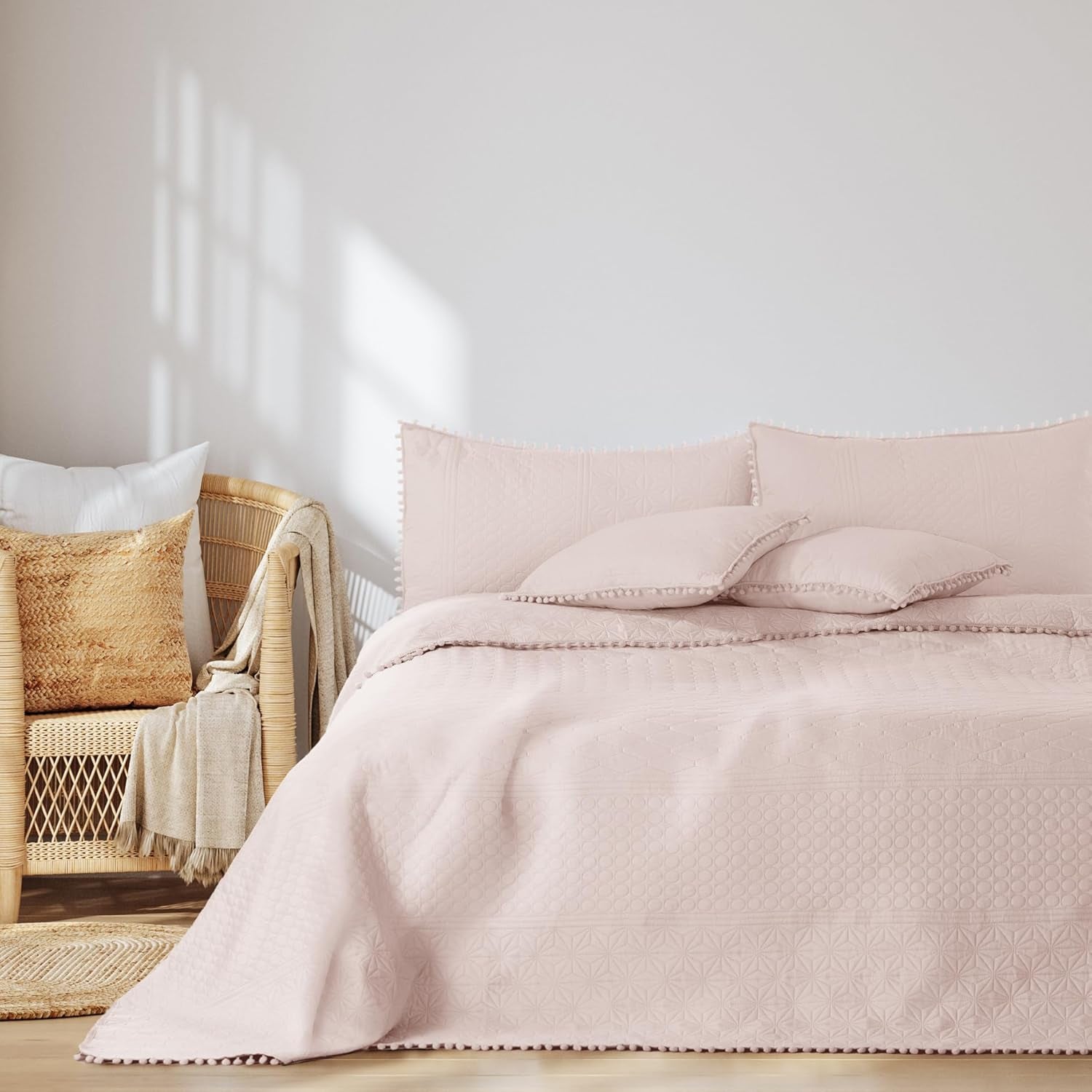 Ameliahome Tagesdecke mit Pompons, 220 x 240 cm, doppelseitige Tagesdecke, Ultraschall-Steppung, Polyester, Meadore, graue Betten und Decken. Besuchen Sie den AmeliaHome-Store Meadore puderrosa, 200 x 220 cm