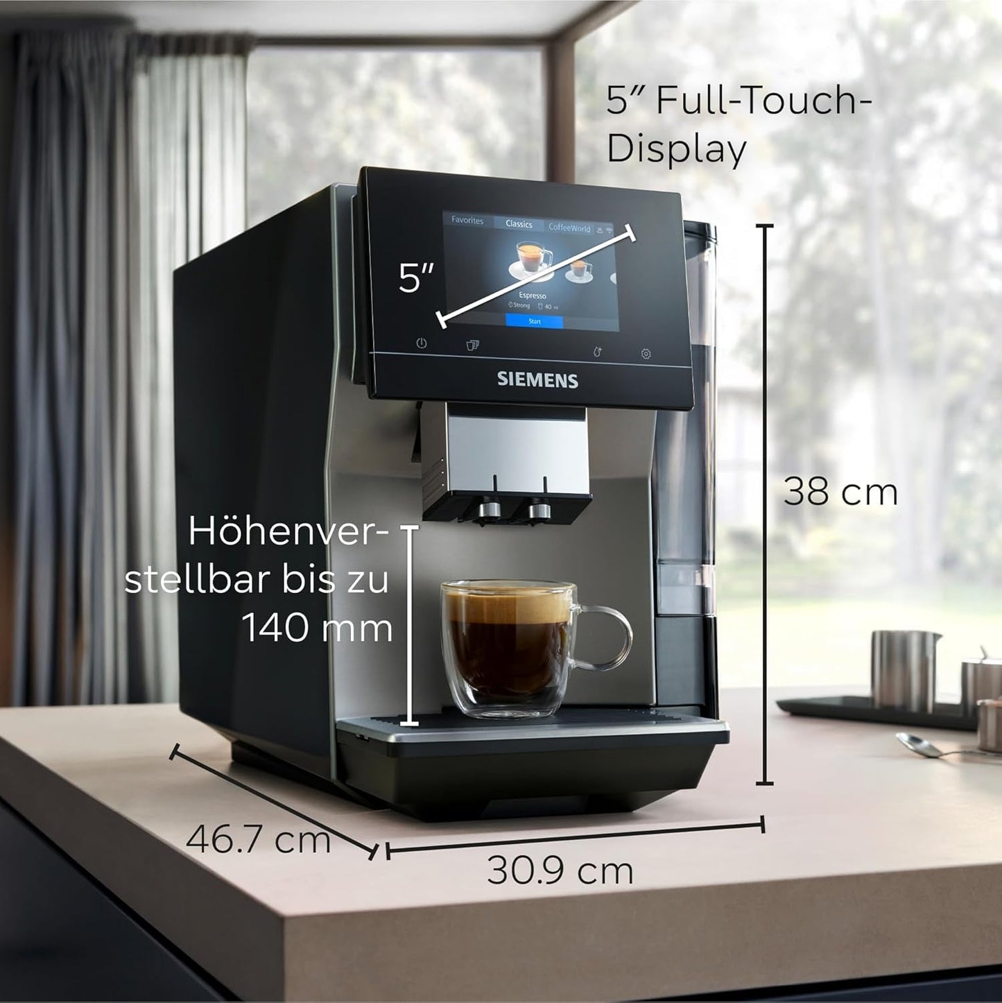 Automatische Espressomaschine Siemens EQ700 classic TP715D01, App-Steuerung, Cold Brew, intuitives Touch-Display, bis zu 10 individuelle Kaffeekreationen als Favoriten, automatische Dampfreinigung, 1500 W, silbergrau